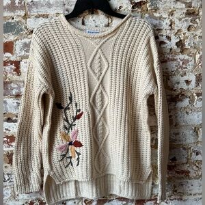Solution Cream Thick Knit Sweater with Floral Embroidery